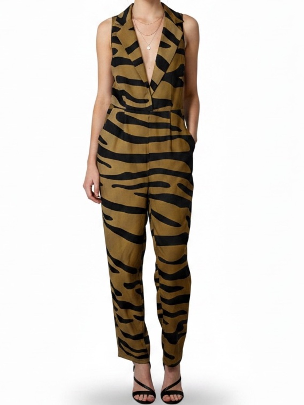 Sleeveless Tan and Black Tiger-Stripe Jumpsuit